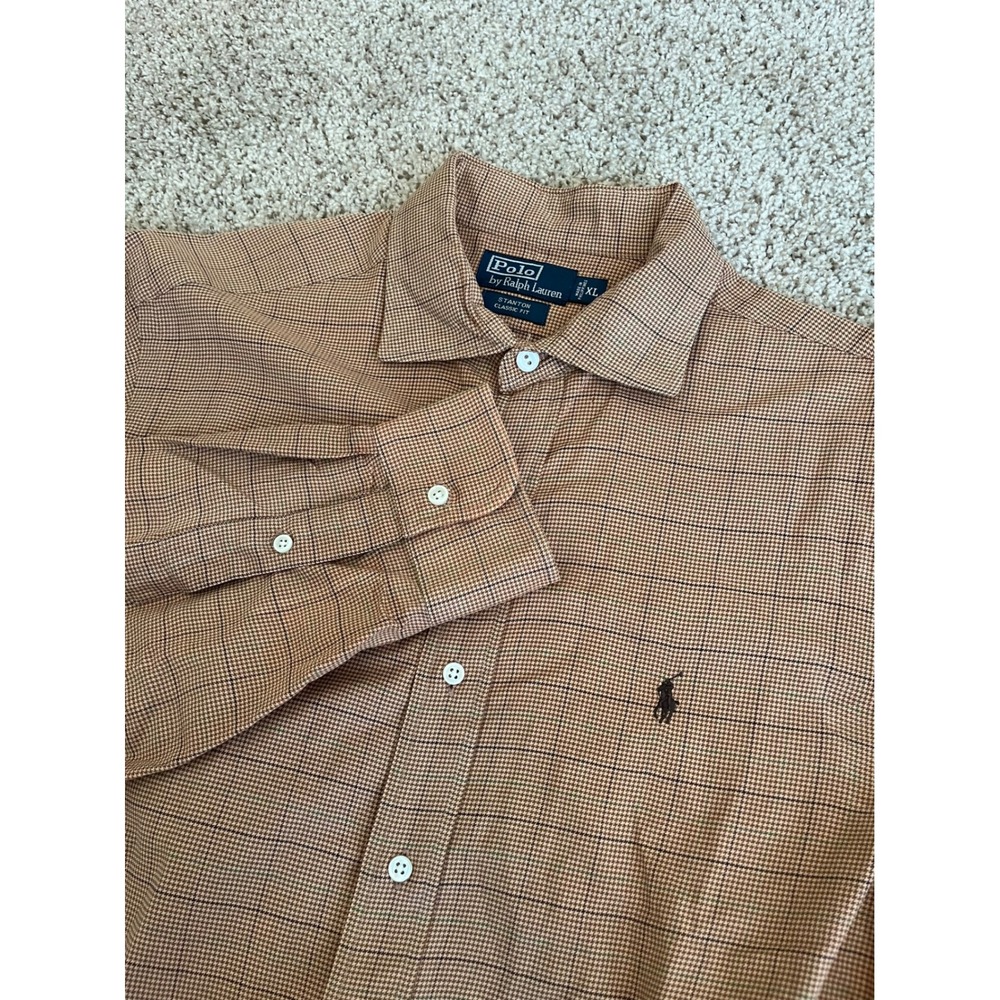 Polo Ralph Lauren Mens Button Down XL Tan Orange Stanton Classic Fit Houndstooth